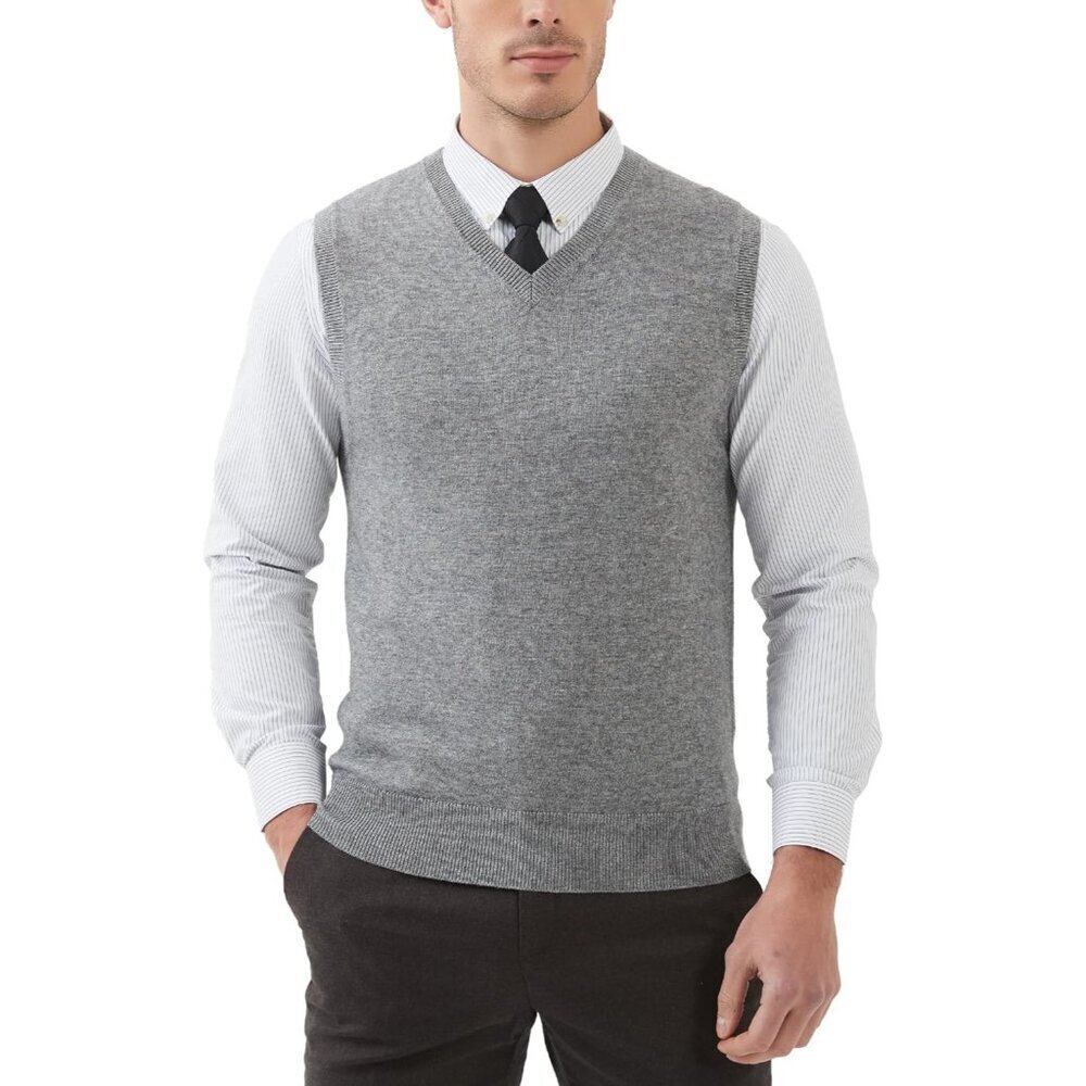 Men's Wool Blended Vest Sweater Relaxed Fit V Neck Sleeveless Knitted Pullover